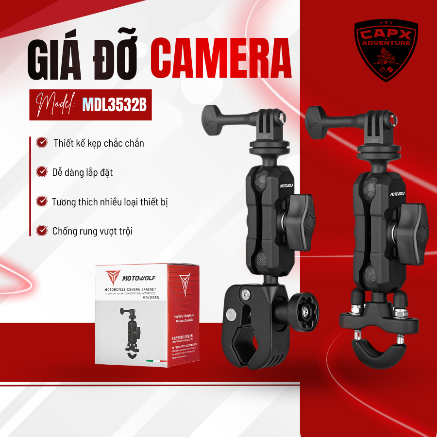 Motowolf MDL3532B Motorcycle Dash Camera Bracket Anti-Vibration 360 Rotation GoPro Mount CNC Alloy