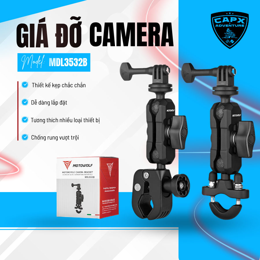 Motowolf MDL3532B Motorcycle Dash Camera Bracket Anti-Vibration 360 Rotation GoPro Mount CNC Alloy