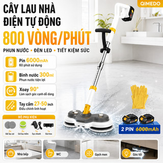Qimedo Cây Lau Nhà Điện 800RPM Phun Nước, Pin 6000mAh Sử Dụng 60 Phút, Đèn LED, Bình Nước 300ml, Lau Nhà Bếp WC Gạch Men