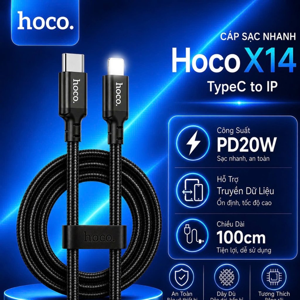 TypeC to IP PD20W Hoco X14 สายชาร์จเร็วสําหรับการถ่ายโอนข้อมูลสําหรับ 14 และด้านล่าง ความยาว 1M/2M/3