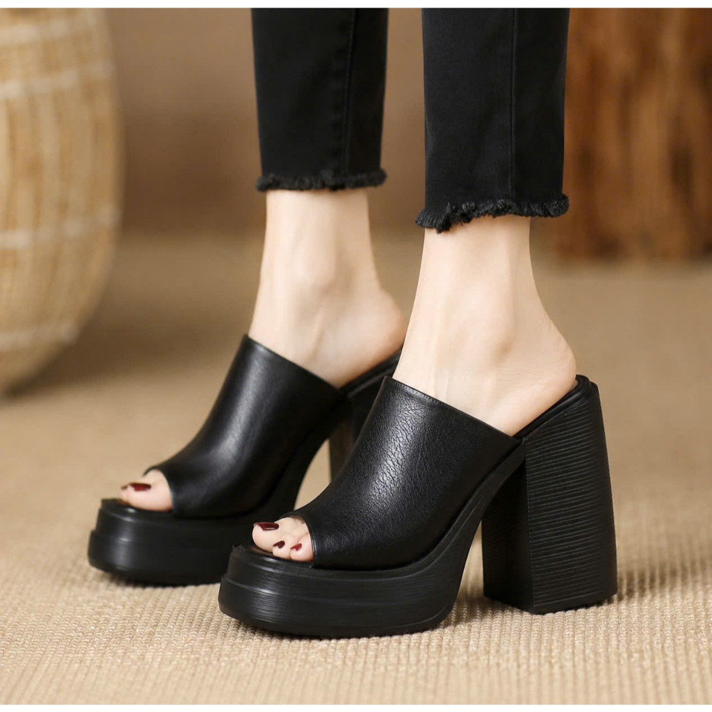 WOMENS HIGH HEEL SLIPPERS 8CM SQUARE HEEL - ทุกคนคือ SUITABLE