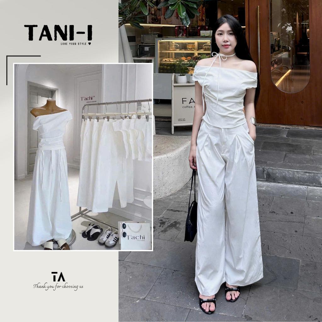 • TAN-I • ชุดเสื้อขาวเปิดไหล่พร้อมผ้าผูกคอ WAIST