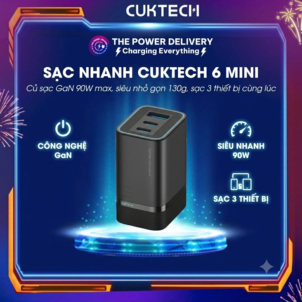 เครื่องชาร์จ CUKTECH 6 MINI 2C1A GaN | รองรับการชาร์จอย่างรวดเร็ว | ความจุ 90W | ดีไซน์กะทัดรัด | 18