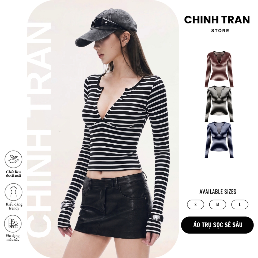 เสื้อยืดลายทางแนวนอนแขนยาวผู้หญิงเซ็กซี่ขั้นพื้นฐาน - Chinh Tran Store
