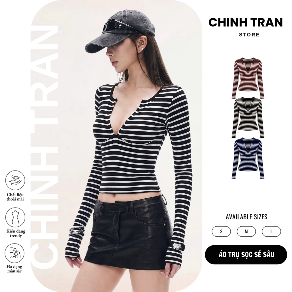เสื้อยืดลายทางแนวนอนแขนยาวผู้หญิงเซ็กซี่ขั้นพื้นฐาน - Chinh Tran Store