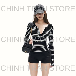 เสื้อยืดลายทางแนวนอนแขนยาวผู้หญิงเซ็กซี่ขั้นพื้นฐาน - Chinh Tran Store