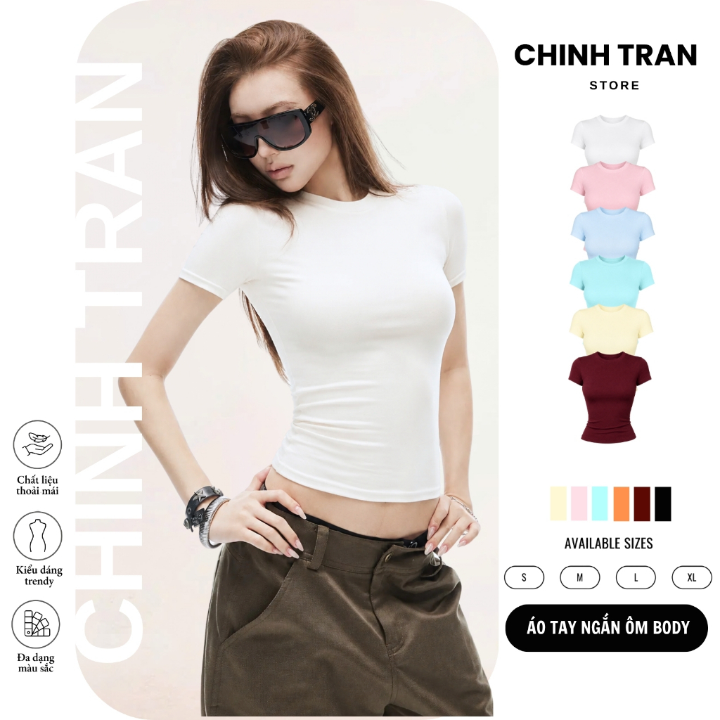 [CUT WAIST] เสื้อยืดเข้ารูปผ้าฝ้ายยืดเรียบ - ร้าน Chinh Tran