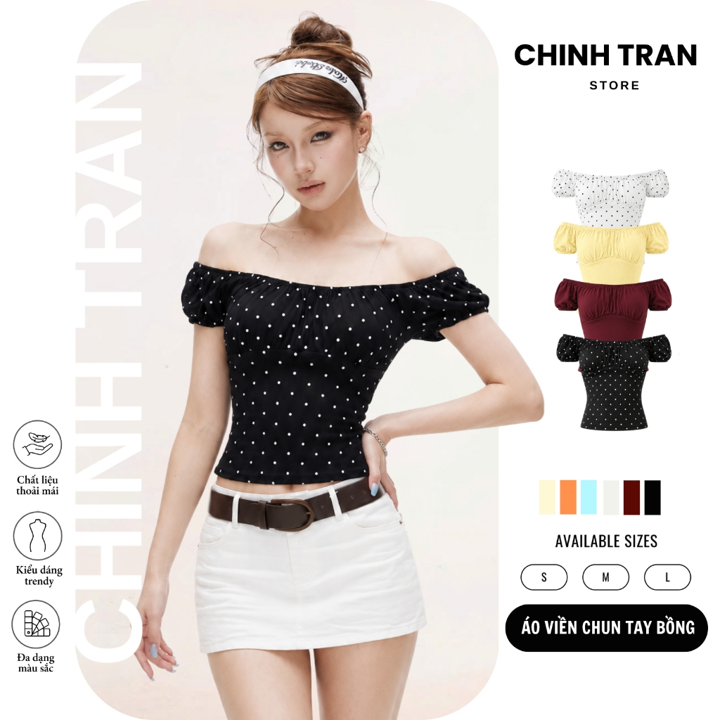 เสื้อยืดผู้หญิงแขนพองและชายยางยืดอ่อนโยนยืดผู้หญิง Cotton - Chinh Tran Store