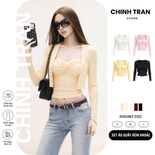 Set เสื้อแจ็คเก็ตคาร์ดิแกนพร้อมเสื้อเกาะอกผู้หญิงบิดหลายสี - ร้าน Chinh Tran