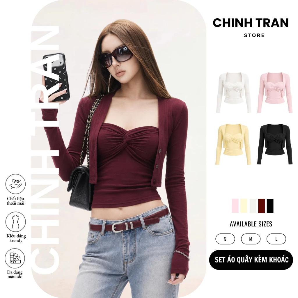 Set เสื้อแจ็คเก็ตคาร์ดิแกนพร้อมเสื้อเกาะอกผู้หญิงบิดหลายสี - ร้าน Chinh Tran
