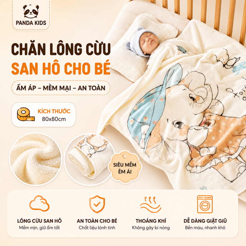 [มาใหม่] ผ้าห่มขนแกะปะการัง Panda Kids ขนาด 80x80cm - HT818