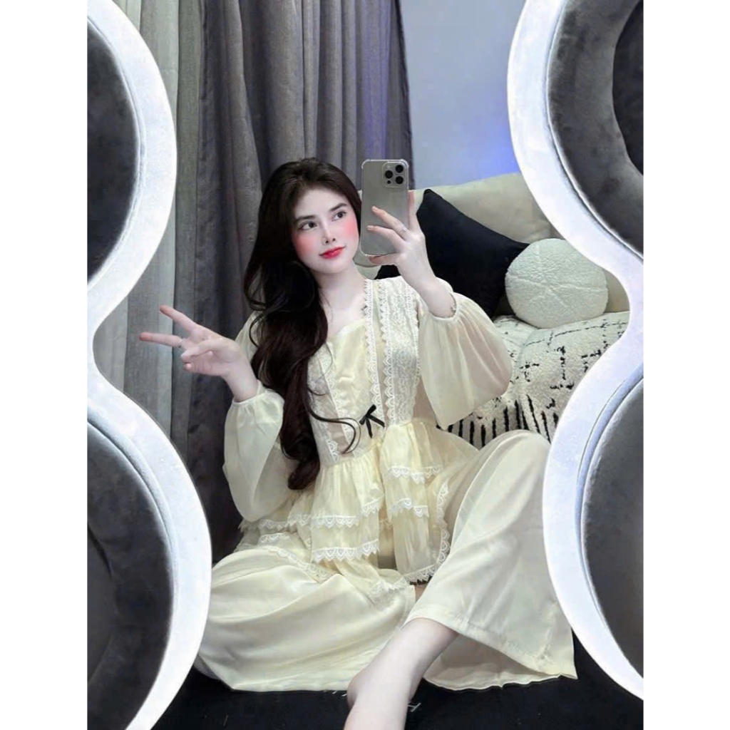 SHOP LPT_ชุดเสื้อเชิ้ตผ้าไหมคอเหลี่ยมแขนยาวลูกไม้และกางเกงขายาวขาตรงผ้าไหมซาตินมีให้เลือก 2 สี AS PI