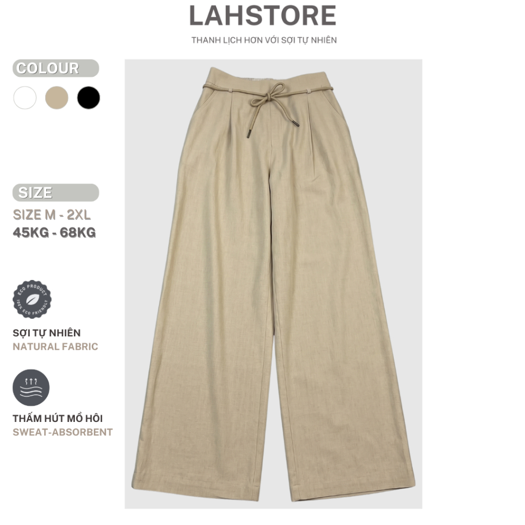 LAHSTORE กางเกงขากว้างผ้าฝ้ายลินินคุณภาพสูงพร้อมเอวยางยืดและขอบเอว QD06 (สีเบจ, ดํา, ขาว)