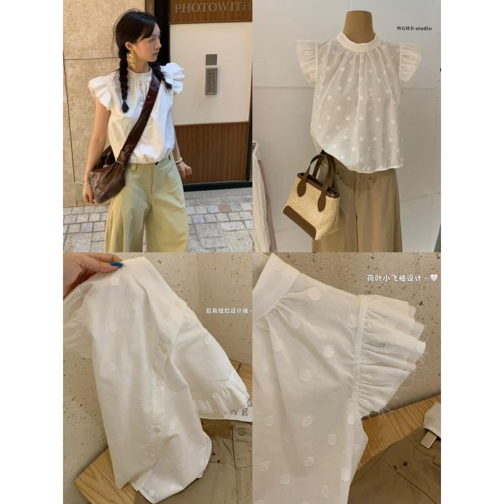 [มีจําหน่าย] MIE96 x WGWE | เสื้อเชิ้ตลายจุดหยาบสําหรับผู้หญิงแขนยางยืด – W10360