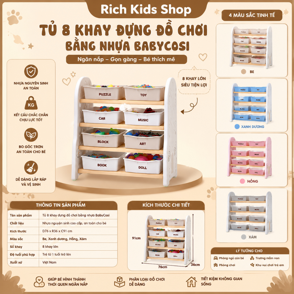Kệ đồ chơi cho bé 8 khay Toyhouse nhiều ngăn [ Bảo hành 12 tháng ]