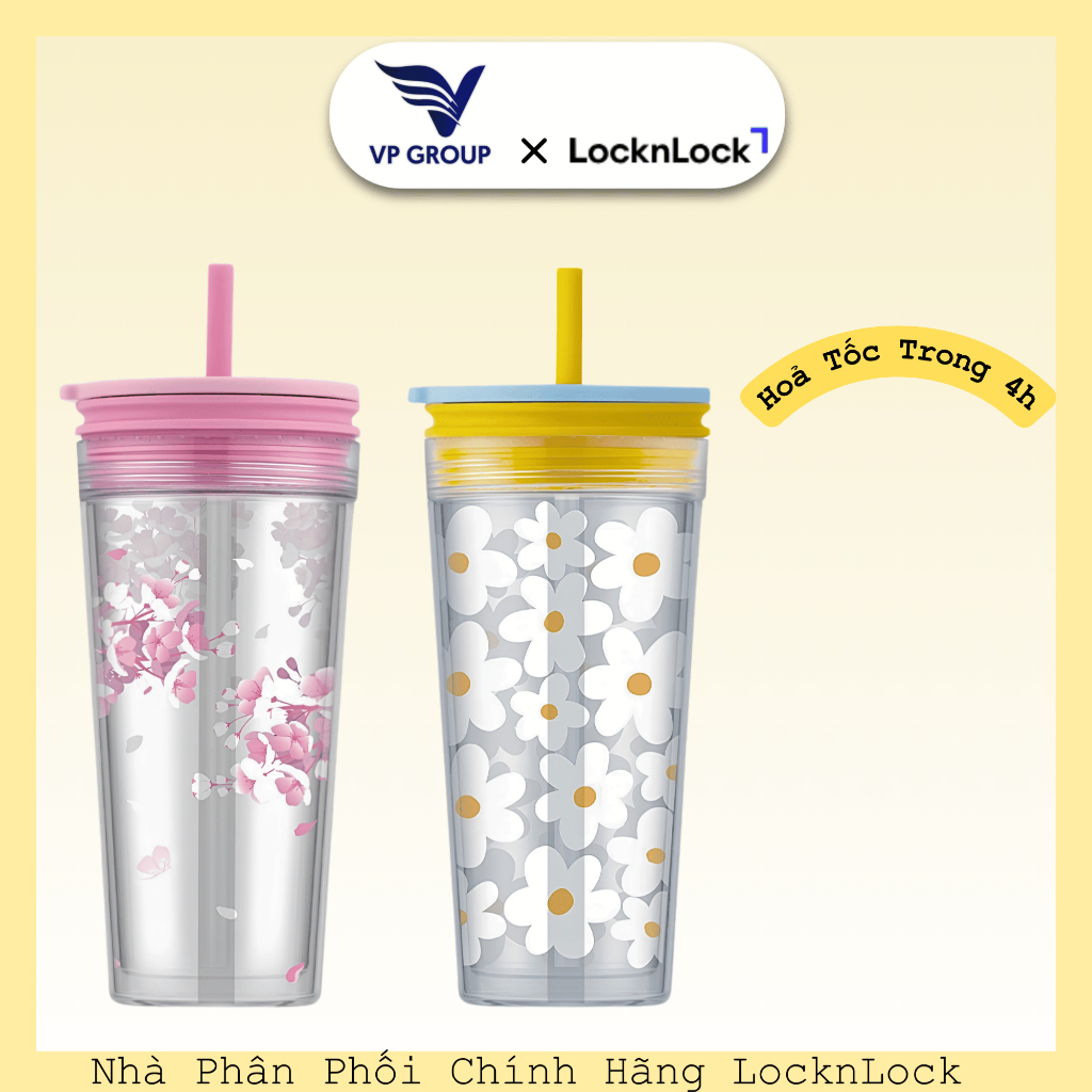 [GENUINE] ถ้วยพลาสติก 2 ชั้น พร้อมหลอด LocknLock 580ml - น้ําเงิน ชมพู HAP520 (VPG)
