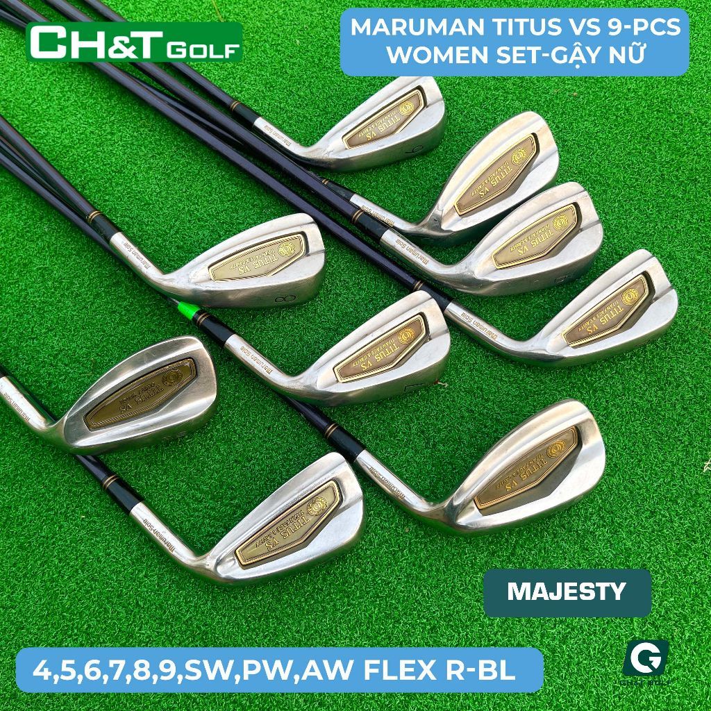 ชุดไม้กอล์ฟเหล็กสำหรับผู้หญิง Maruman Titus VS 9 ชิ้น: 3, 4, 5, 6, 7, 8, 9, Sw, Pw, Aw, Flex L, สีสั