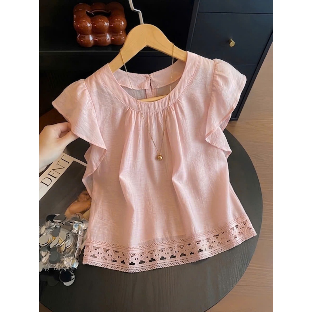 เสื้อเชิ้ตผู้หญิง รหัส C1 Hai Chat Dui เสื้อลูกไม้คอกลมผู้หญิงอ่อนเยาว์พร้อมแขนระบาย