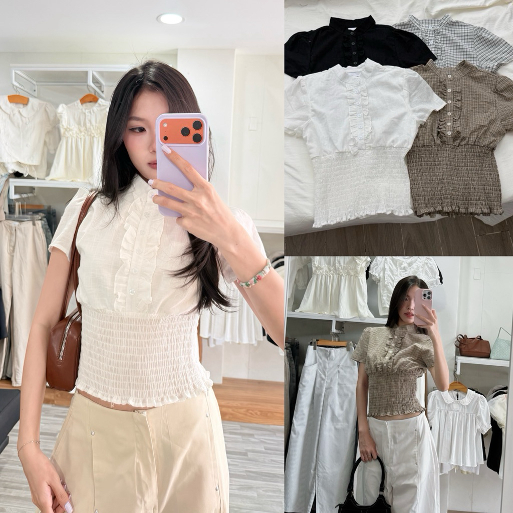 OSHY TOP - DEROSE เสื้อ Smocking สไตล์ Ruffled เอวปุ่มแขนสั้นเสื้อผู้หญิงเสื้อผู้หญิง
