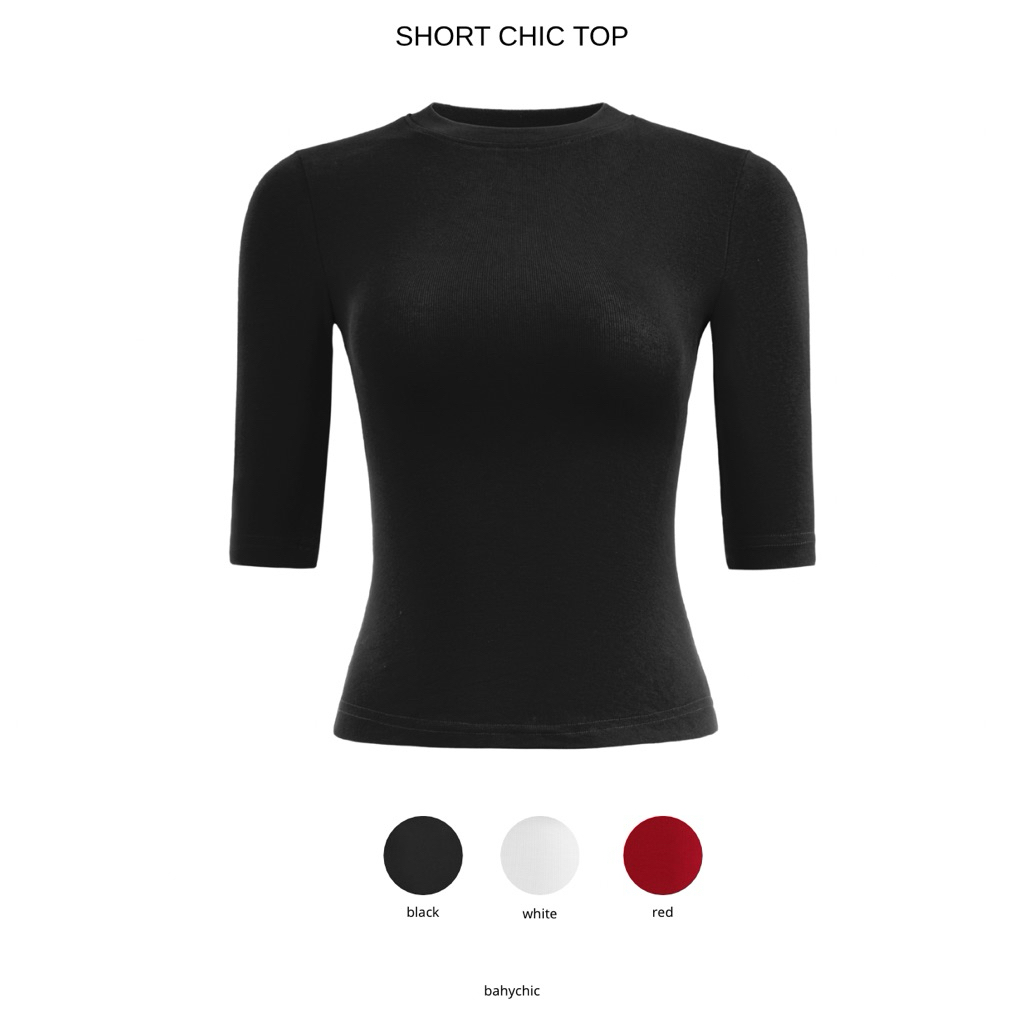 (SHORT-CHIC SHIRT 02) เสื้อยืดแขนสั้นคอกลมเบอร์กันดีเรียบง่ายมีชั้นคลุมท้อง | บาจิชิค
