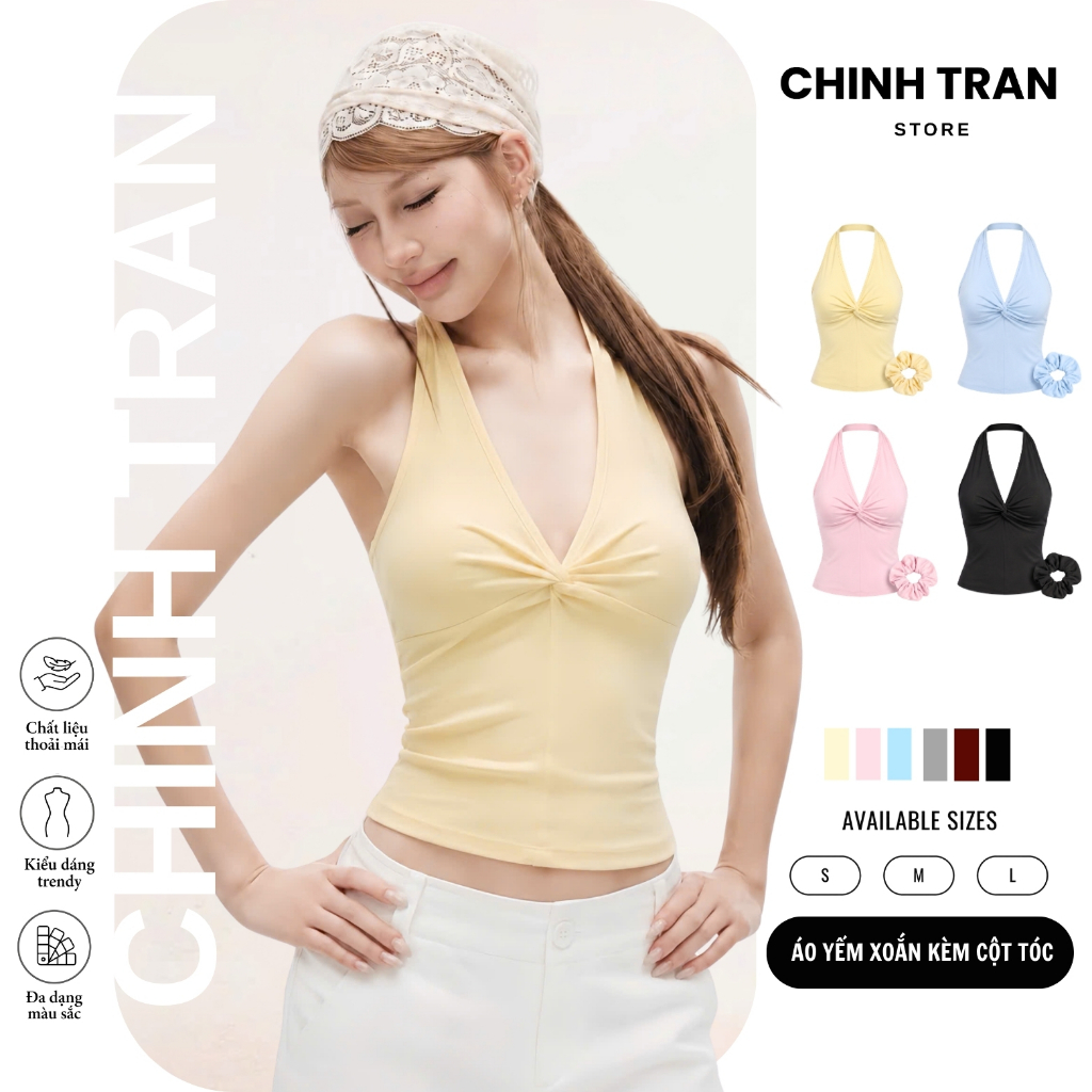 [GIVE SCRUNCHIES] เสื้อคอปกสายเดี่ยวบิดเข้ารูปเรียบและเย็นในสีพาสเทลมากมาย สวยและผู้หญิง - ร้าน Chinh Tran