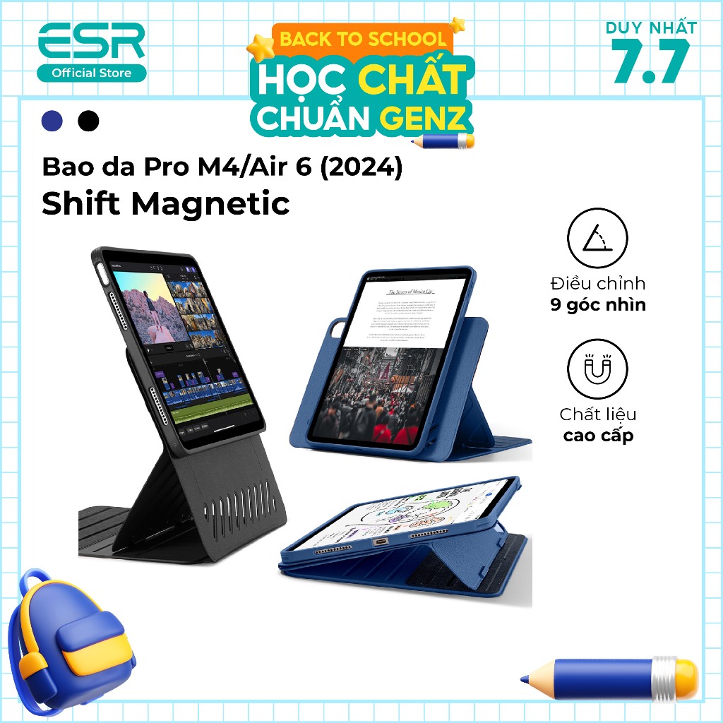 ESR Shift ซองหนังแม่เหล็กทําจากวัสดุคุณภาพสูงสําหรับการป้องกันที่ครอบคลุมสําหรับ iPd Pro M4/Air 6 (2024) มุมมอง 9 มุม