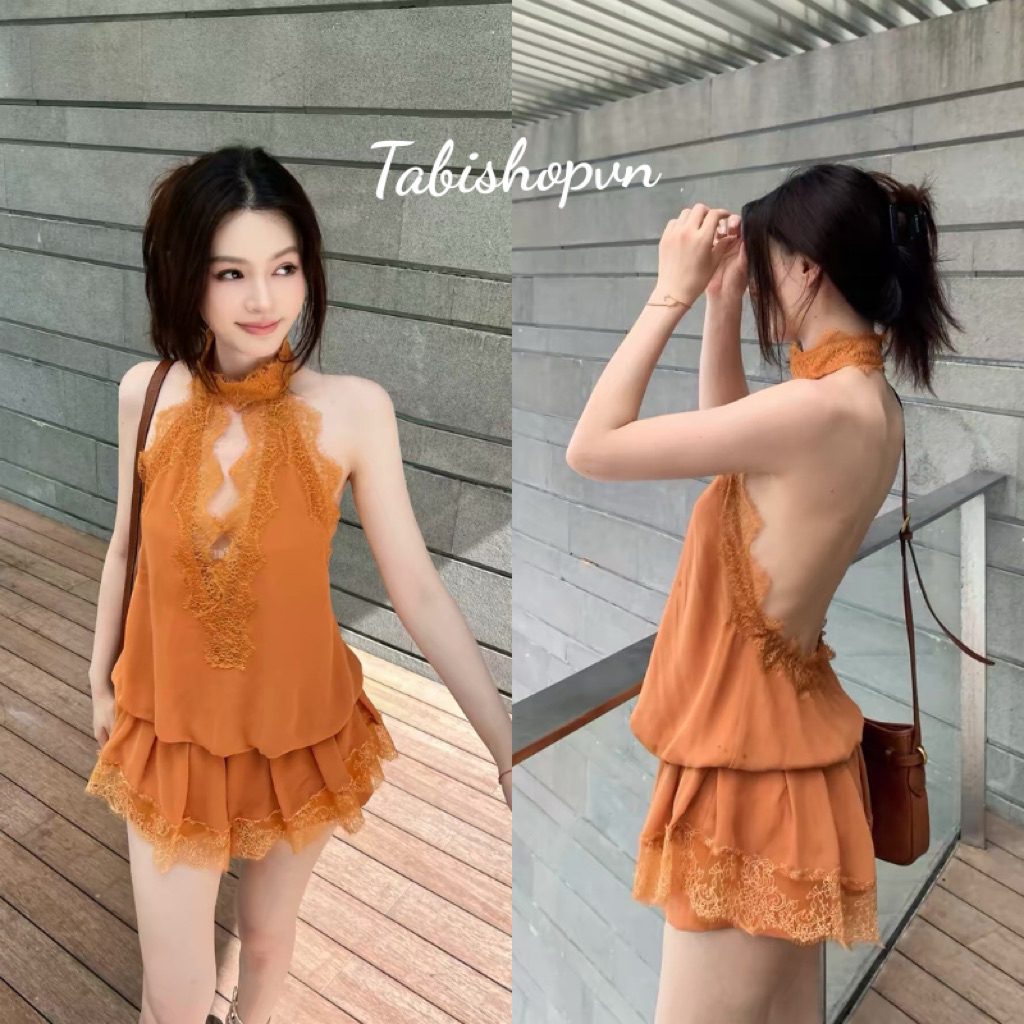 เดรสสายเดี่ยวลูกไม้เว้าหลัง (มีกางเกง) ทาบิชอป ชุดเดรสผู้หญิงเข้ารูปสั้นเซ็กซี่ใส่หน้าร้อนใส่เดิน ออกงาน (363)