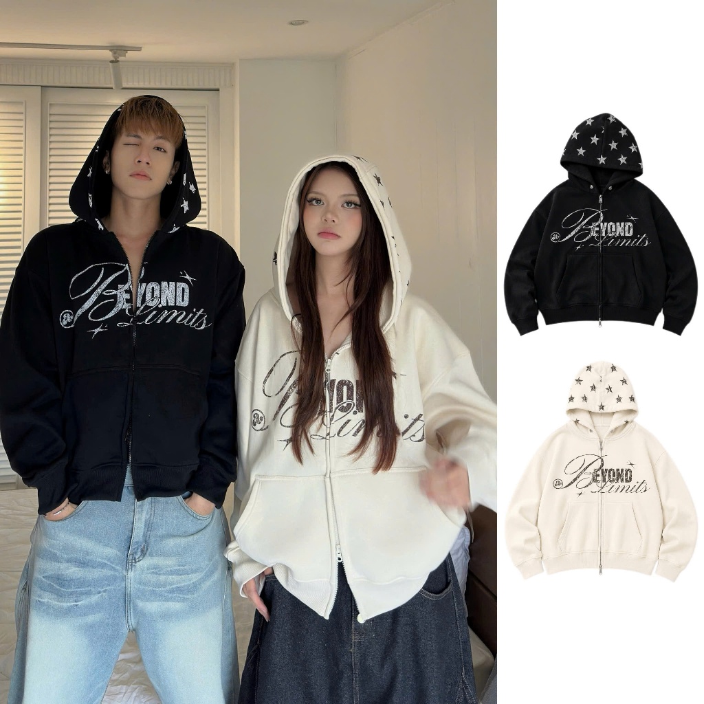 AB HOUSE - (NO FLUFF) เสื้อฮู้ดมีซิป BEYOND Boxy พร้อมผ้าสักหลาดผ้าฝ้ายสําหรับผู้ชายและผู้หญิง