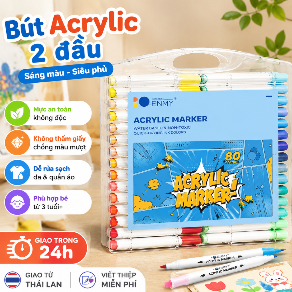 ENMY FOREIGN TEXT ACRYLIC Marker Set 80 COLORS - NON-TOXIC INK - WATERPROOF - SUPER COLOR COATING Pr