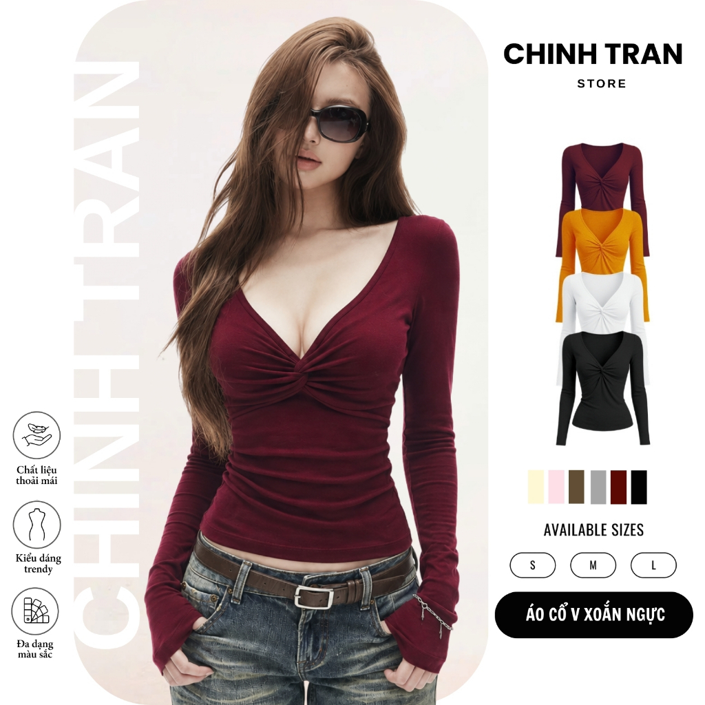 เสื้อยืดหน้าอกบิดแขนยาว Bodycon Feminine V-Slit Design - Chinh Tran Store