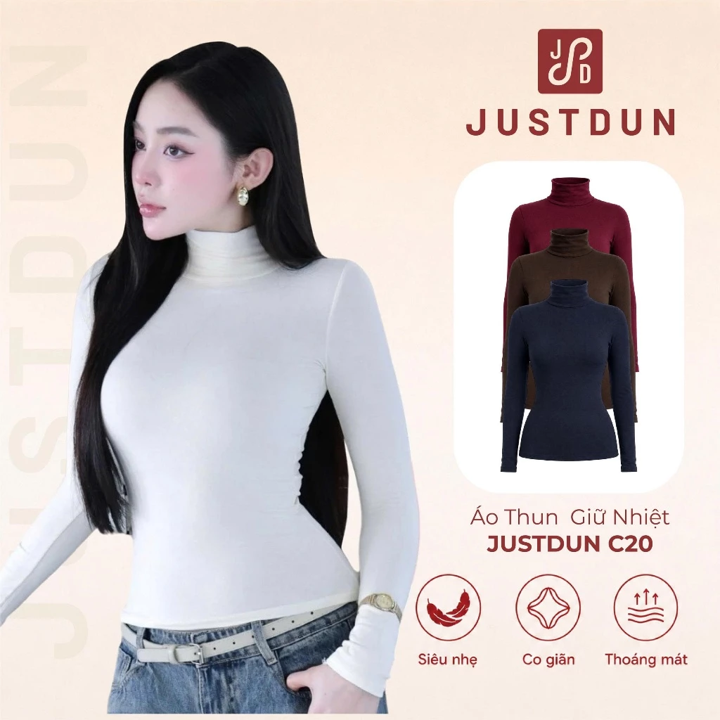 JUSTDUN C20 เสื้อยืดบอดี้คอนความร้อนคอปกสูง 8 นิ้ว แขนยาว - ผ้าฝ้ายหนา แบนเตอร์
