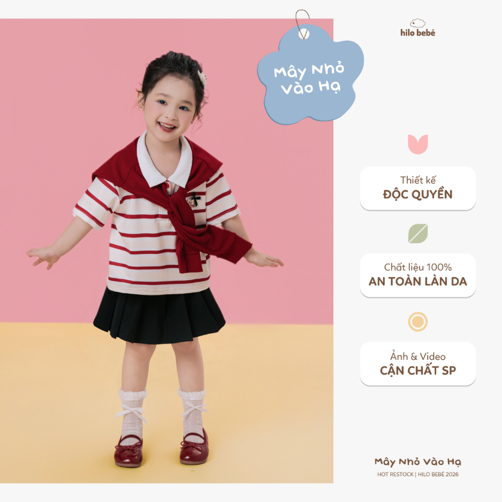 [HILO BEBÉ] - PUFFY CLOUDS Collection - เสื้อโปโลปัก Hilo Bebé และกระโปรงจีบสีดํามีโบว์ STRAWVANI SE