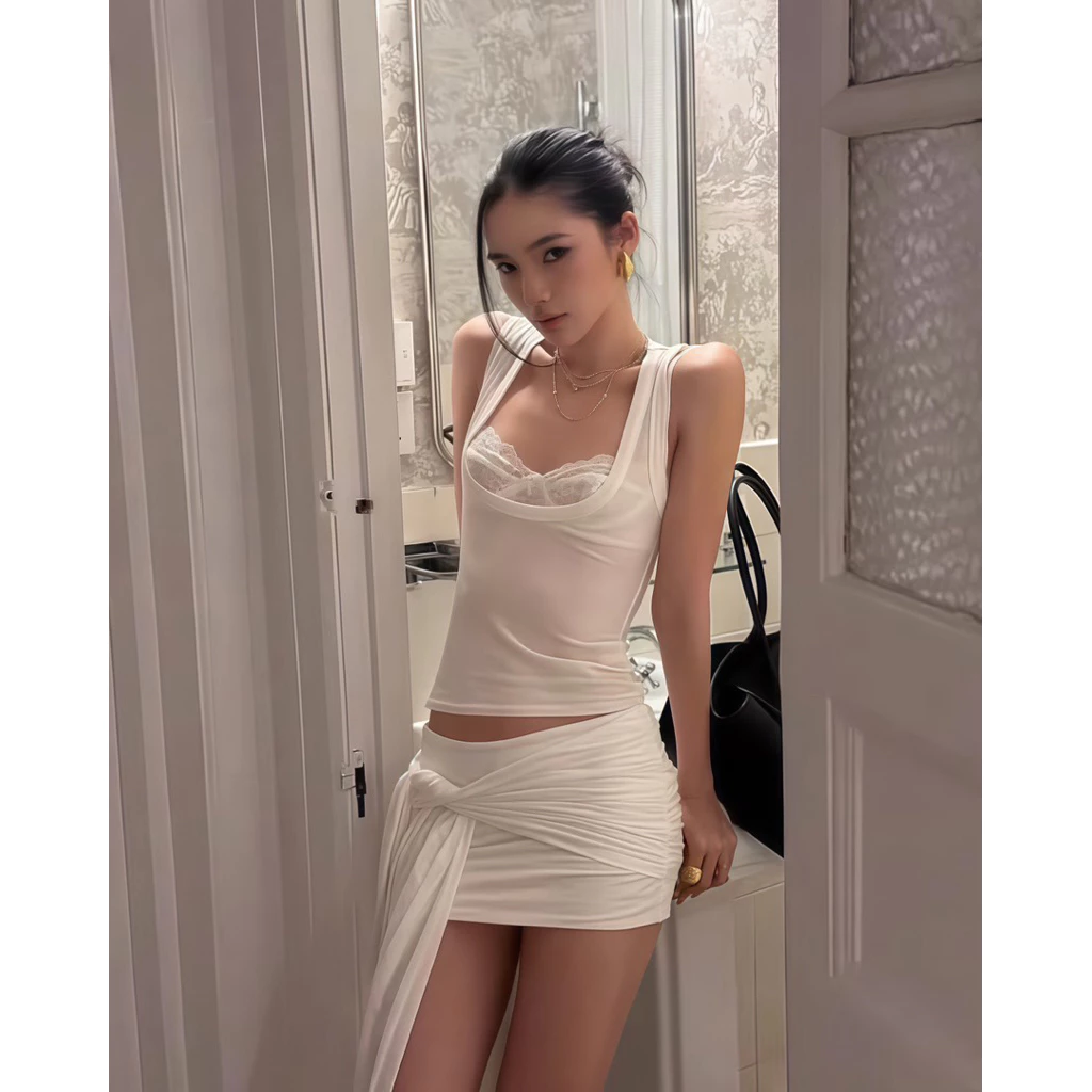 TIBU - ชุดเสื้อยืดลูกไม้สําหรับผู้หญิงพร้อมกระโปรงผูกสะโพกสําหรับ Chic Street Outings B772