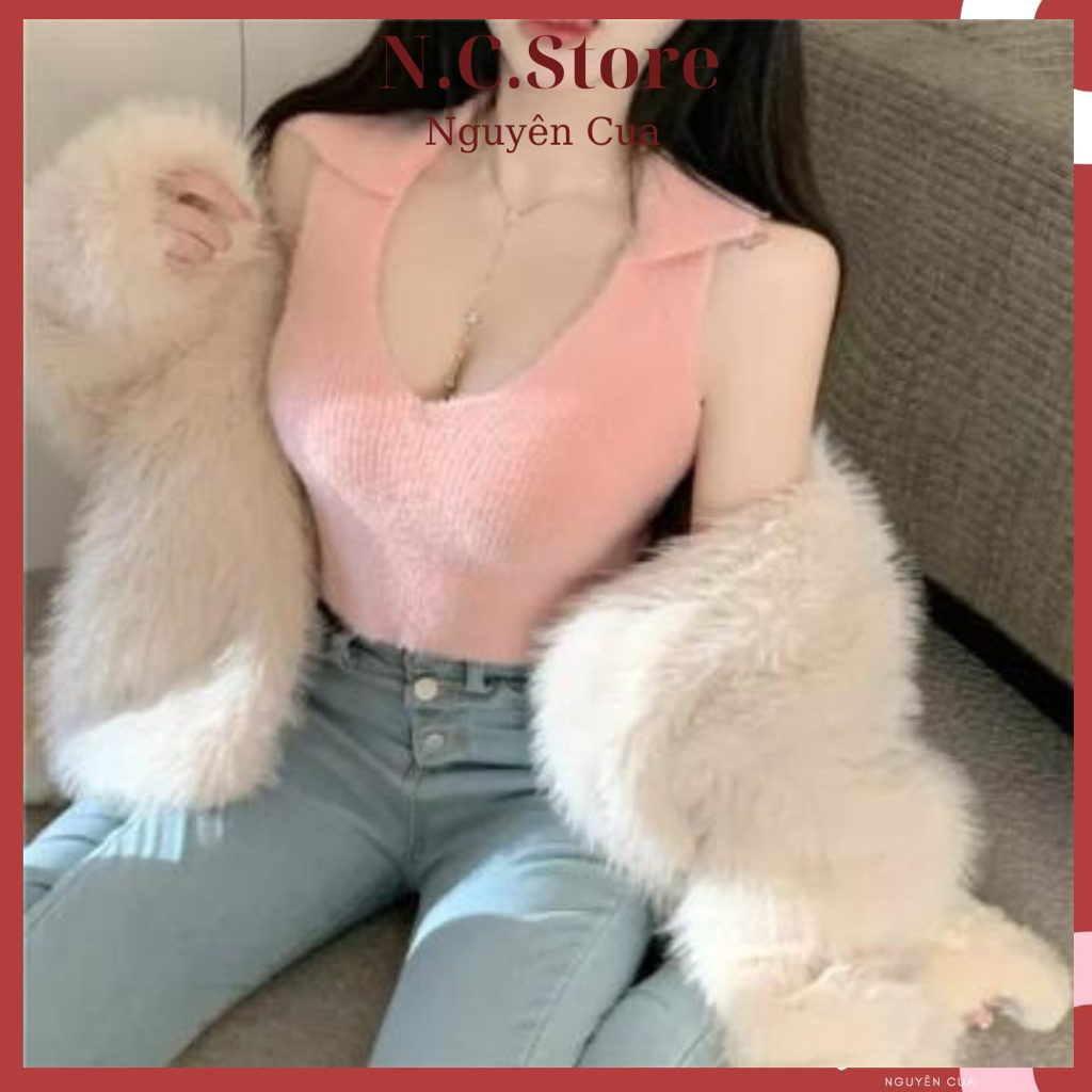 RABBIT FUR SWEATSHIRT WITH UNDERGROUND CROP TOP V-NECKLACE SHIRT
