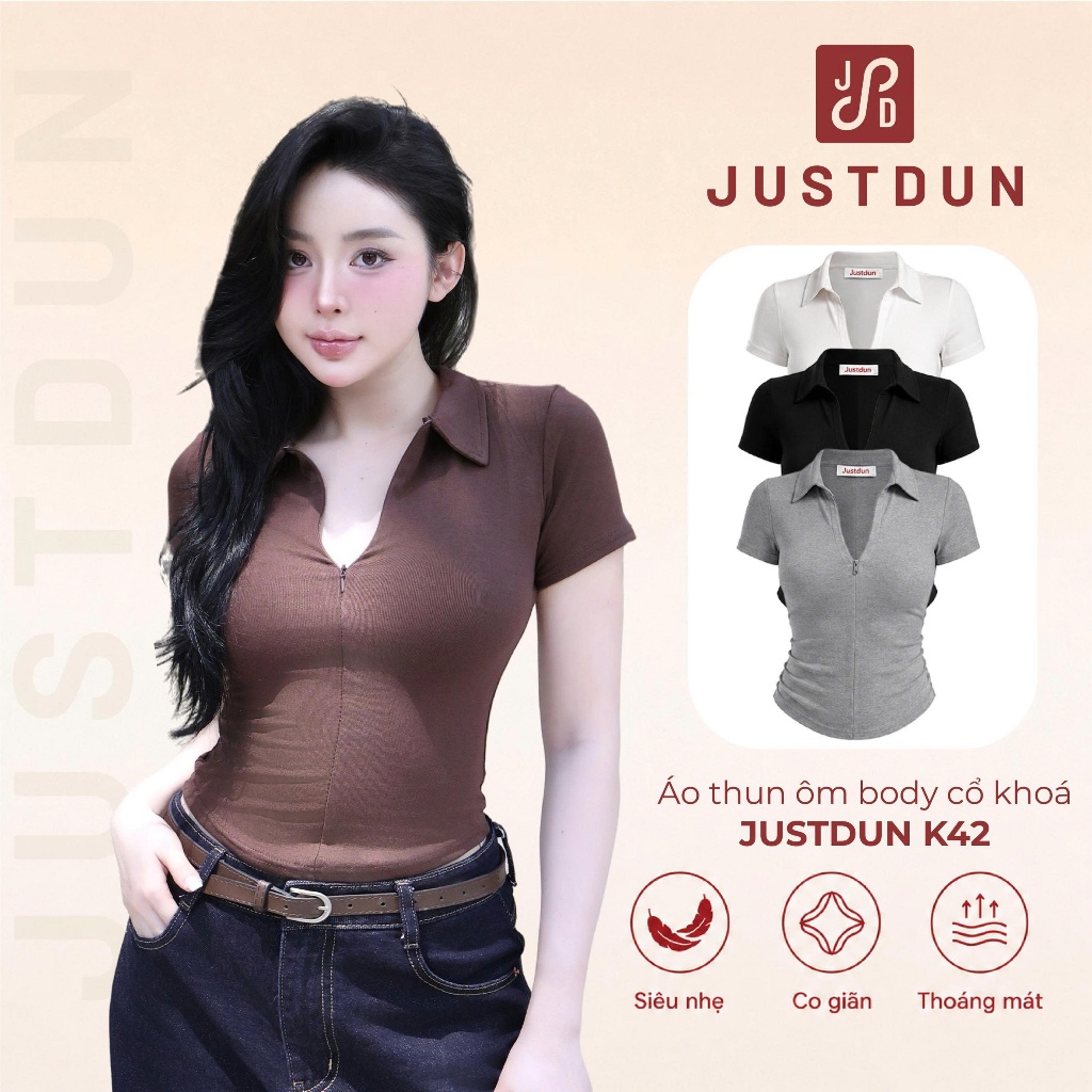 JUSTDUN K42 เสื้อยืดแขนสั้นคอปกซิปผ้าฝ้ายเรียบ