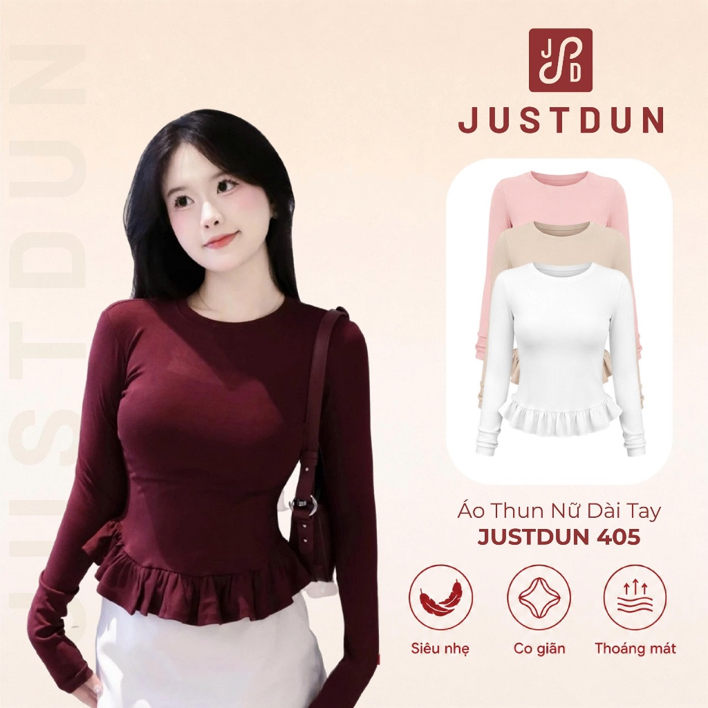 JUSTDUN 405 เสื้อยืดแขนยาวเข้ารูปผู้หญิง-Ruffle Hem ที่สวยงาม, ผ้าฝ้ายเรียบคุณภาพสูง, Flattering