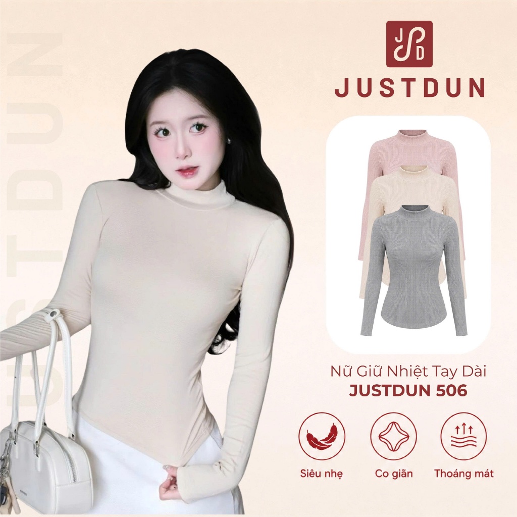 JUSTDUN 506 เสื้อยืดแขนยาวเข้ารูปผู้หญิงคอปกสูง 5 นิ้ว - ผ้าฝ้ายเรียบคุณภาพสูง ยืด 4 ทาง