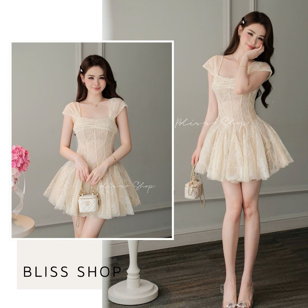 [การออกแบบระดับไฮเอนด์] Bliss Shop เดรสลูกไม้ทางการสั้นผู้หญิงหรูหราพร้อมปกสี่เหลี่ยมและเอว - V907