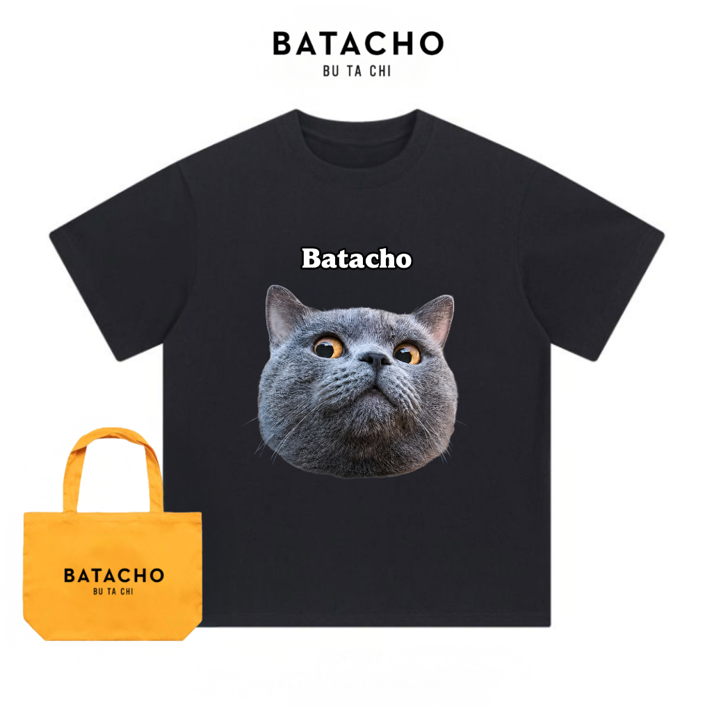 BATACHO เสื้อยืดแขนสั้นผู้ชาย ผู้หญิง และเด็ก Boxy ลาย WTF BLACK CAT ผ้าคอตตอน 250gsm