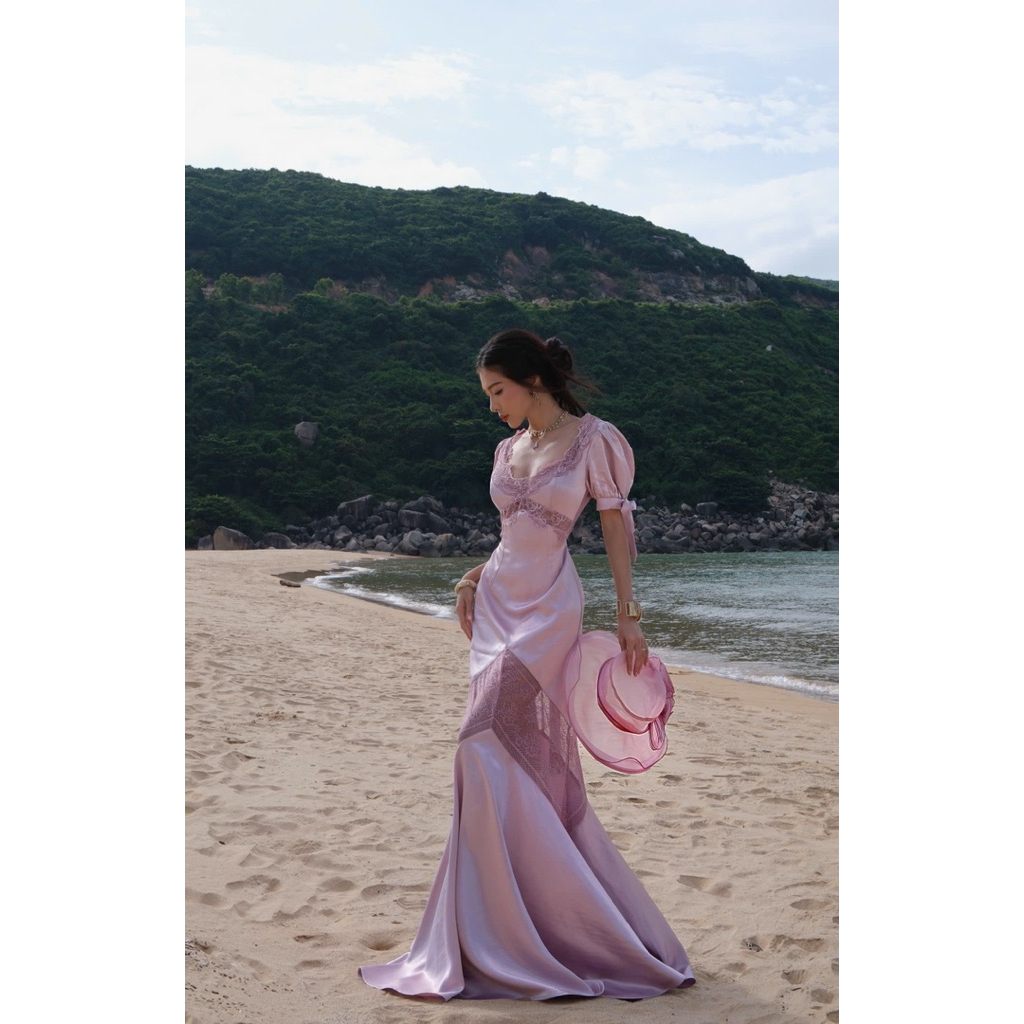 DÉSI - MOLISA DRESS - PURPLE SILK DRESS WITH HIGH QUALITY LACE