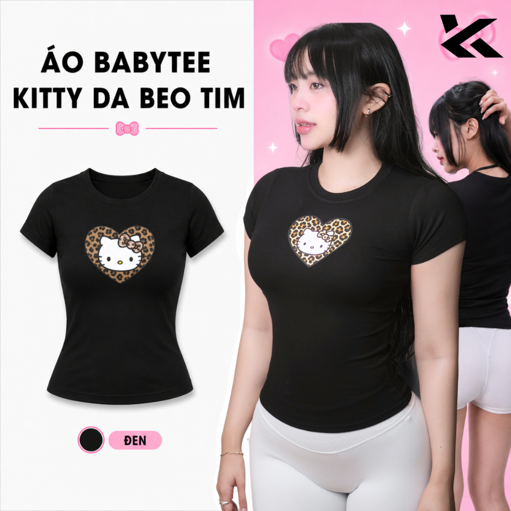 ผ้าฝ้ายผู้หญิง Babytee เสื้อ Bodycon Hello Kitty Heart ลายเสือดาว Y2K, Gym Stretch - KUHESSS B4