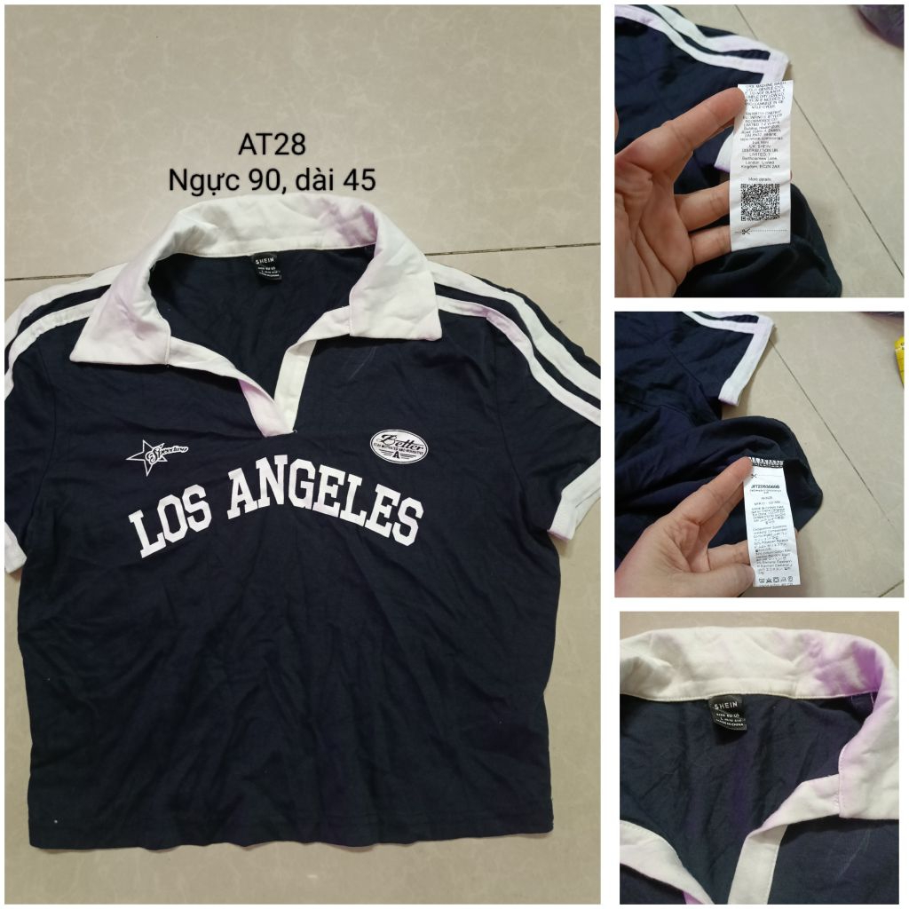 AT28 เสื้อยืดผู้หญิง เสื้อครอป SHEIN คอปกปักตัวอักษร Los Angeles Y2K Sportswear - เสื้อเชิ้ตปกสั้นที