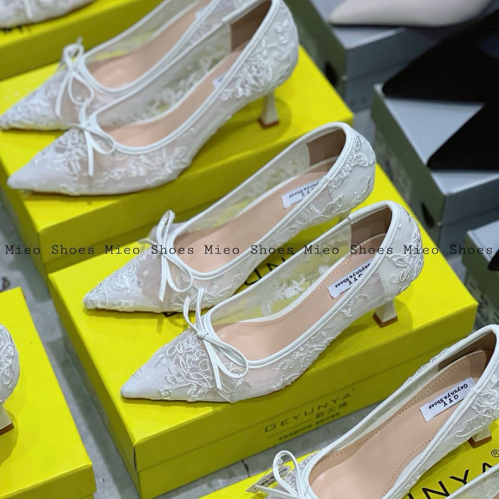 QC นําเข้า Bow Lace Heel Fullbox Mieo Shoes G1436