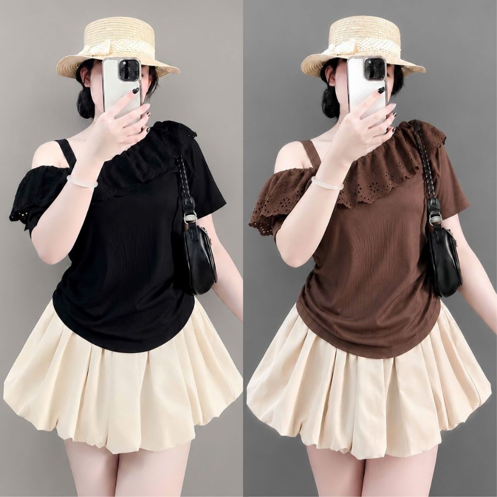 เสื้อเบลาส์เปิดไหล่ลูกไม้ผู้หญิงขนาดใหญ่กับกระโปรงที่สะดวกสบายครอบคลุมท้องดี 58-92กิโลกรัม ก358+ประวัติย่อ413