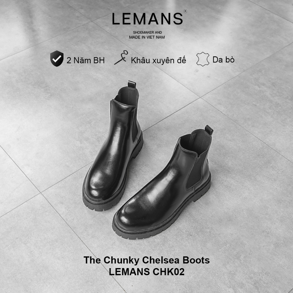 CHUNKY CHELSA Boots Lemans CHK02.2 Mens Shoes พื้นยางสูง 4 ซม. หนังวัว ประกัน 12T