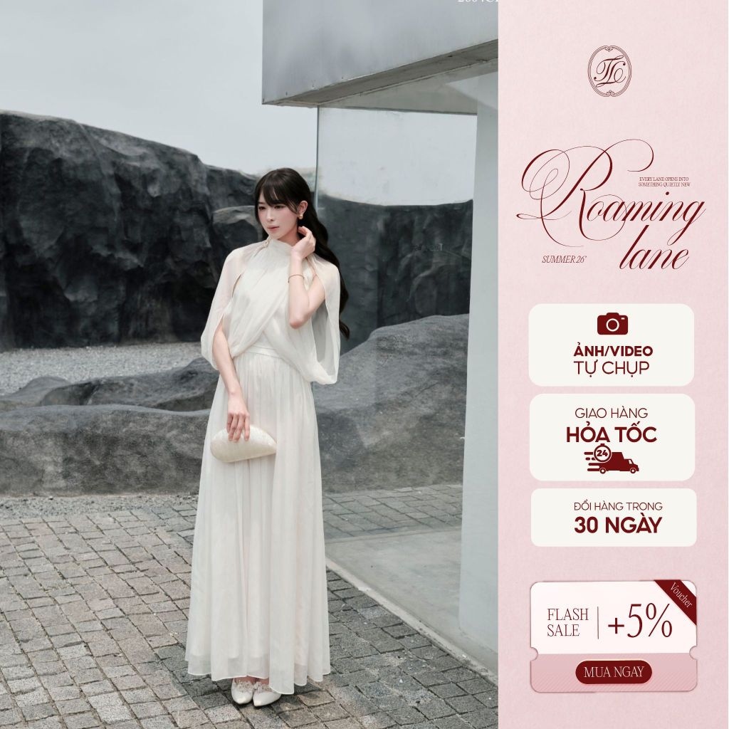 [Roaming Lane Collection] TINSTORE เสื้อสายเดี่ยวเปิดไหล่คอเต่าพร้อมกระโปรงเที่ยวทะเลยาว 2604A0D079 