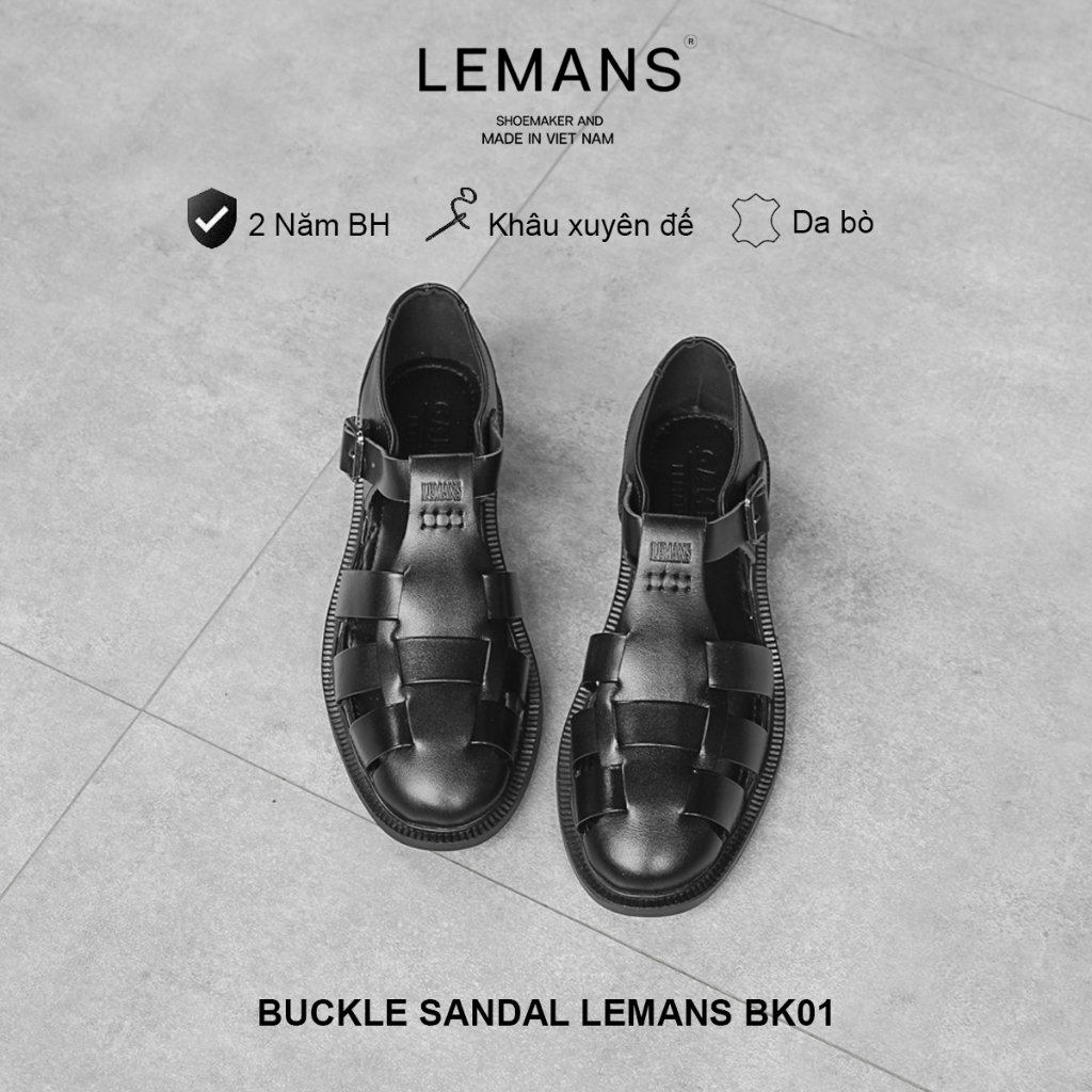 รองเท้าแตะหัวเข็มขัดผู้ชาย Lemans B4K01 - หนังสีดํา - หนังวัว - พื้น Mckay ของแท้ 2.2cm สูง 24 เดือน