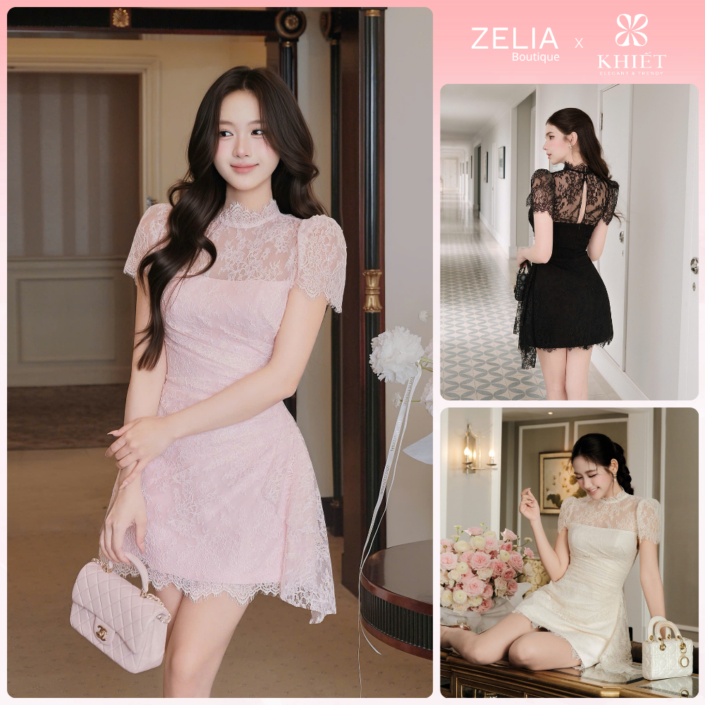 [Cut x Zelia] เดรสลูกไม้สีชมพูอ่อนคอปกสูงและกระโปรงทรงเอจับจีบสไตล์ปาร์ตี้หรูหรา KD609 KD609A KD609B