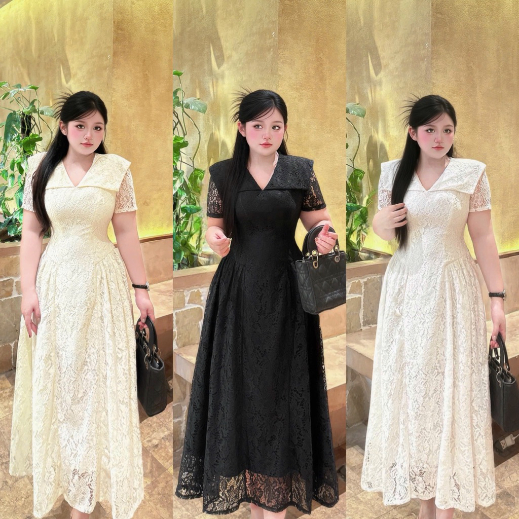 เดรสลูกไม้ยาวคอปกพลิก 60-90kg L XL XXL QUNH NHU BIG SIZE