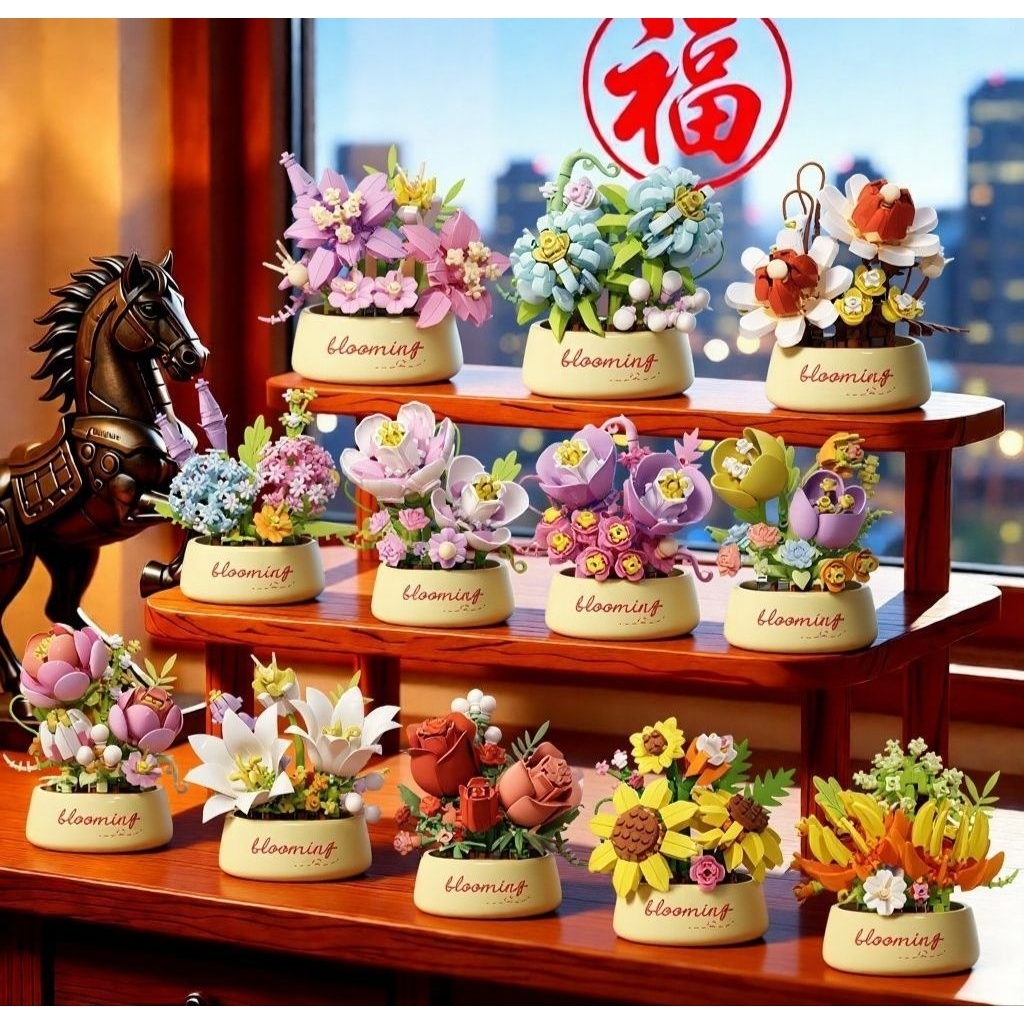 Blooming Assembled Flower Pot Model, mini Bricks, ของตกแต่งโต๊ะทํางานสุดน่ารัก